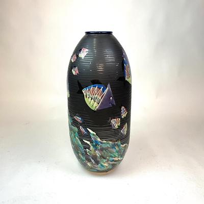 Sale Photo Thumbnail #99: Signed at bottom "M.R. '98"
Measurements:
32" in height, 14" in diameter, mouth of vase is 4" diameter
Remsen Studions in Rockport MA. 
Awards from Honor in VA. Beach of the Arts 
Sanibel Festival of Arts and more 
Graduated from University of Southern Ma