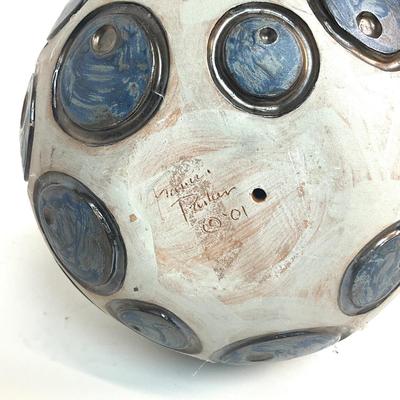 Sale Photo Thumbnail #120: Measurements:
12" Height, 14.5" Diameter, 10" Depth
hand-formed clay globe sculpture. condition to age is very good.
Late 20th Century
Valued $500.00-$800.00
Signed on bottom by Frances Parker