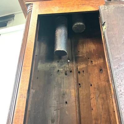 Sale Photo Thumbnail #123: Measurements:
7'3"Height, 20.5"Width, 10"Depth
Needs to be repaired doesn't operate, stands at a tilt, missing pieces, cracked on the top, missing finial , see pictures