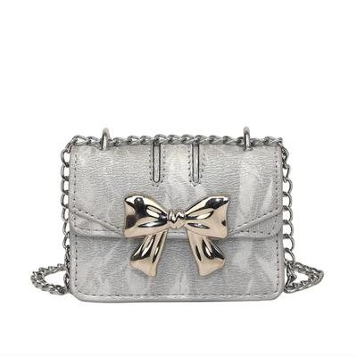 Mini Silver & Chrome Crossbody Bag Purse Wallet Evening Bag w/Chrome Bow & Chain Strap