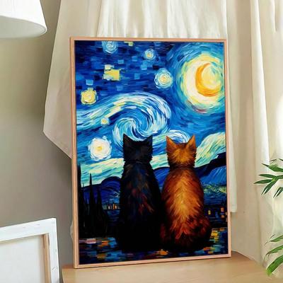 20" x 30" The Starry Night Cat Print, Gift For Cat Lovers, Monet Cat Poster, For Living Room & Bedroom Decor, No Frame