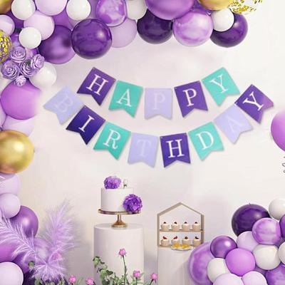 Purple Fishtail Happy Birthday Banner, 190 Inch Birthday Garland Decoretion with Golden Happy Birthday Letter on Purple Background, for...