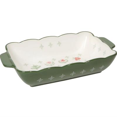 Danica Heirloom Camellia 13" Baking Dish Sage Green w/Delicate Wine Red Flowers 2.25QT - Dishwasher, Microwave & Oven Safe to...