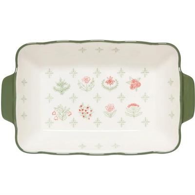 Danica Heirloom Camellia 13" Baking Dish Sage Green w/Delicate Wine Red Flowers 2.25QT - Dishwasher, Microwave & Oven Safe to...