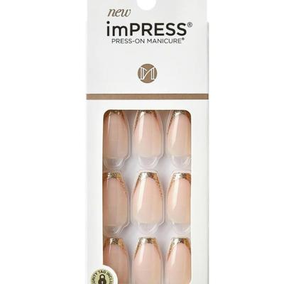 A4 - KISS imPRESS 'Playback' Press-On Nails, Gold, Medium Length, Coffin Shape, 33 Ct.