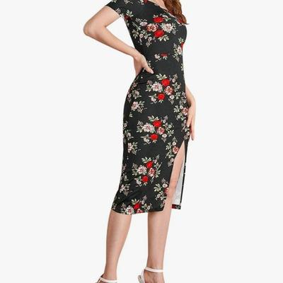 Women's XXL - Relipop Womens Floral Slim Midi Dress Short Sleeve Square Neck Cocktail Dresses Summer Casual Split Dress Semi Formal...