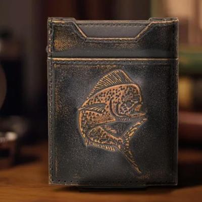 Zep-Pro Mahi-Mahi Fish Burnished Leather Front Pocket Clip Wallet Magnetic Brown