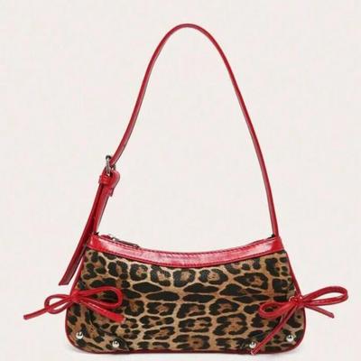 Leopard Animal Print Baguette Bag w/Red Faux Leather Bows & Strap & Silver Studs