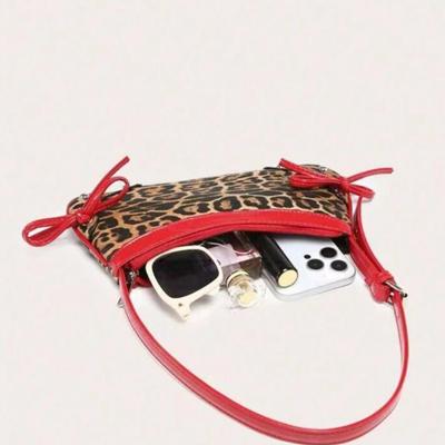 Leopard Animal Print Baguette Bag w/Red Faux Leather Bows & Strap & Silver Studs