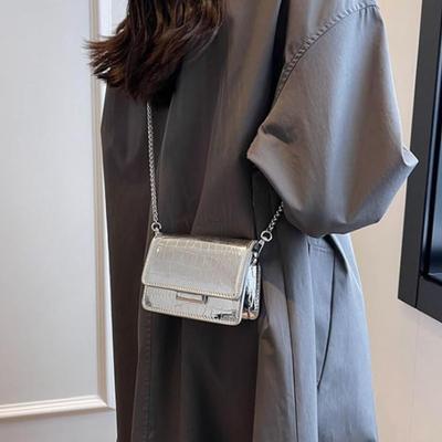 Chrome Faux Leather Mini Crossbody Bags for Women, Y2k Mini Purse with Chain Strap Fashion Women Small Evening Bags