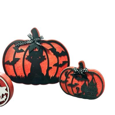 Set of 4 Jack-o-Lantern Inspired Orange & Black 3D Silhouette Wooden Home Decor Plaques w/Black & White Polka Dotted Bows - Black...