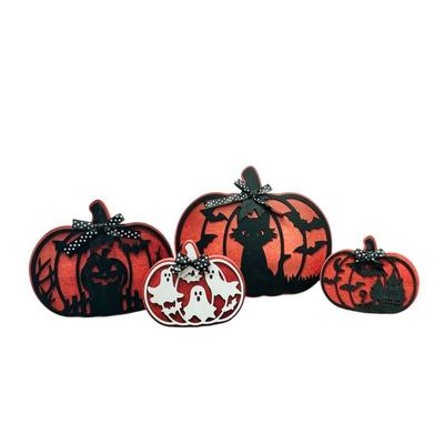 Set of 4 Jack-o-Lantern Inspired Orange & Black 3D Silhouette Wooden Home Decor Plaques w/Black & White Polka Dotted Bows - Black...