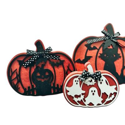 Set of 4 Jack-o-Lantern Inspired Orange & Black 3D Silhouette Wooden Home Decor Plaques w/Black & White Polka Dotted Bows - Black...