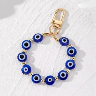 Round Cobalt Blue Eyes Beaded Keychain Key Ring For Bag Purse Phone Lanyard