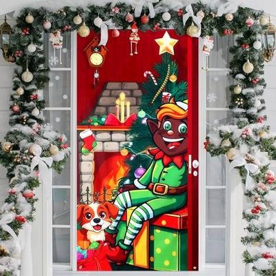 Christmas Elf Door Cover 71" x 35" Elf Xmas Party Hanging Banner Backdrop Background for Front Door Christmas Winter Holiday...