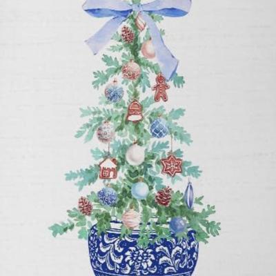 BLUE Christmas Tree Chinoiserie Wall Art, Blue Coquette Decor, Canvas Christmas Decor, 12x16 Inches