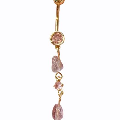 Gold Metal Dangle Belly Button Charm Ring w/Pink CZ & Light Lavender Purple Bead Stones