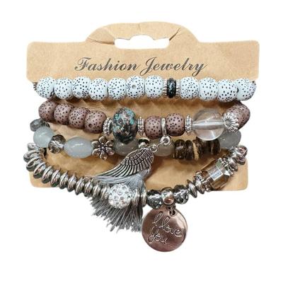 4pcs/Set Natural Tone Flower, Angel Wing & "I Love You" Bead Charms - Elastic String Bracelets for Vacation Layered Style...