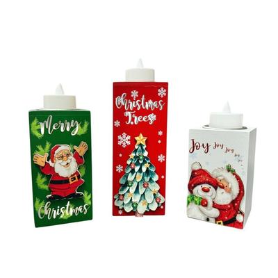 Set of 3 Christmas Themed Wooden Candle Holders w/Flameless Tea Lights - Santa Claus, Merry Christmas, Christmas Tree, Snowman, Joy