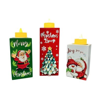 Set of 3 Christmas Themed Wooden Candle Holders w/Flameless Tea Lights - Santa Claus, Merry Christmas, Christmas Tree, Snowman, Joy