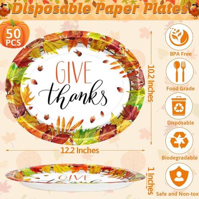 50 Pcs Maple Design Disposable Fall Plates - Heavy Duty, 12.2 10.2 Inches Oval Thanksgiving Plates for Party Supplies