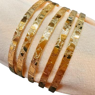 Set of 5 Gold Textured Heart Hammered Layered Bangle Bracelets for Women, Teens, Girls