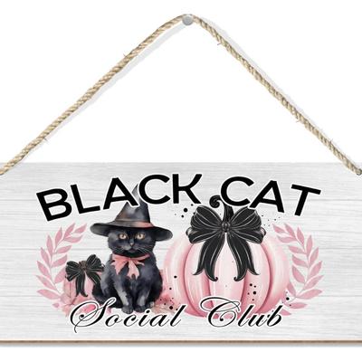 12" x 6" "Black Cat Social Club" Halloween Witch Black Cat w/Pink Pumpkin Hanging Wood Sign Decorations Home Decor