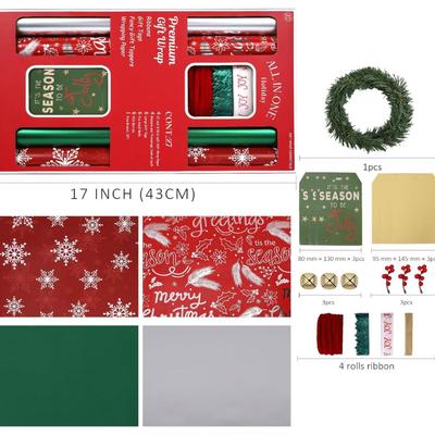 All-In-One Holiday Premium Gift Wrap Set - 17" x10' Per Roll (4 Rolls, 56.6 sq.ft. ttl.) - Holiday Greeting Design Wrapping...