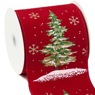 4" Christmas Wired Velvet Ribbon, 4'' x 10 Yds (30 Feet), Christmas Tree Ribbon, Festive Xmas Tree Pattern, Xmas Wired...