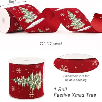 4" Christmas Wired Velvet Ribbon, 4'' x 10 Yds (30 Feet), Christmas Tree Ribbon, Festive Xmas Tree Pattern, Xmas Wired...