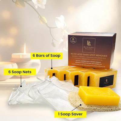 Rehana Beauty Natural Kojic Acid Soap, Brightening & Cleansing Face & Body - 6 Pack (100g Each) - Dark Spot Remover with Lemon,...