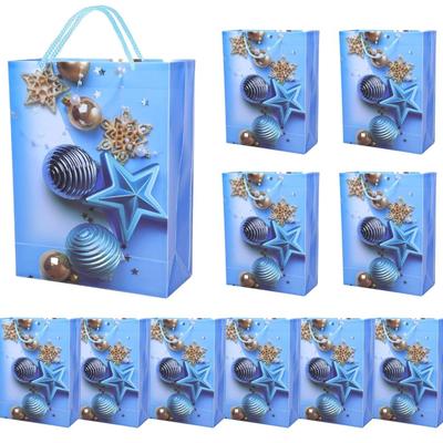 10-Pack Blue & Gold Ornament Reusable Christmas GIft Bags, 8" x 11" x 3.5" Plastic Gift Bags for Shopping,...