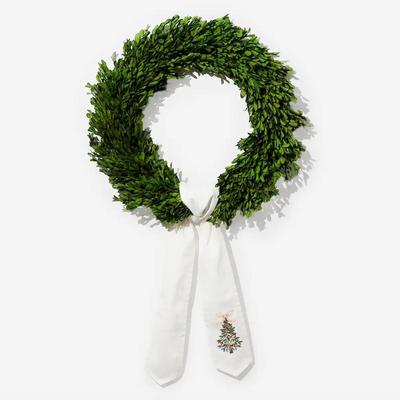 White Cotton Canvas Wreath Sash w/Embroidered Christmas Tree Design - 48.5" L X 4" W
