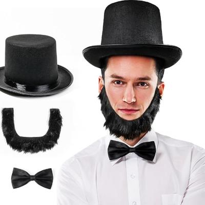 Abraham Lincoln Costume- 3 Pcs Black Top Hat Costume Set with Authentic Beard and Traditional Bowtie- Historic Presidents Day Costume for...