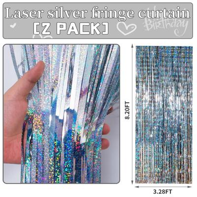 2-Pack Silver Foil Fringe Backdrop Curtains, 3.3 ft x 8.2 ft - Tinsel Streamers Birthday Party Decorations, Metallic Photo Booth Props...