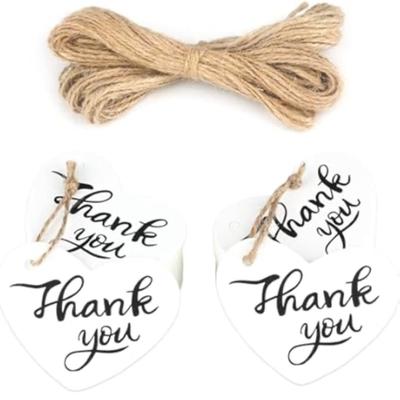 100-Piece Thank You Tags Heart Shape White Tags w/Hole & Natural Twine Jute Tie