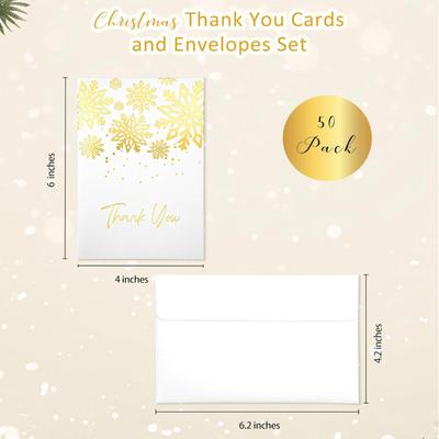 50 Pack 4" x 6" Christmas Snowflake Thank You Cards with Self-adhesive Envelopes, Gold Foil and Blank Inside for Christmas Holiday