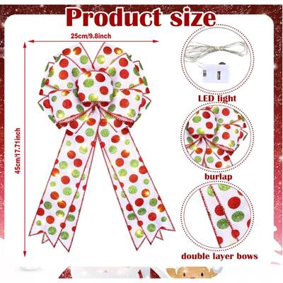 2 Pcs LED Red Green Christmas Wreath Bow 18 x 10 Inch Large Christmas Tree Topper Decor Bows Large Xmas Dot Bows Ornaments for Wall...