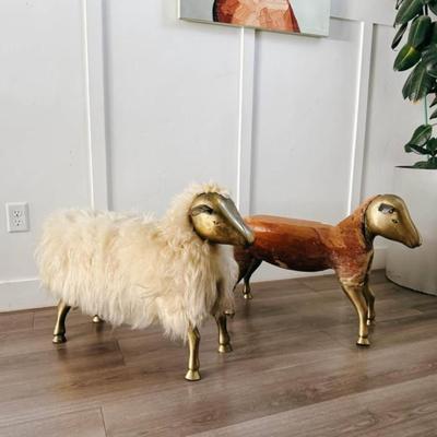 Vintage Mid Century 1975 Wool Wrapped Sheep Stools Sculpture w/Wood Form & Brass Appendages • After François-Xavier Lalanne