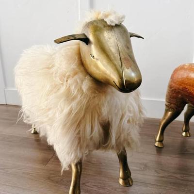 Vintage Mid Century 1975 Wool Wrapped Sheep Stools Sculpture w/Wood Form & Brass Appendages • After François-Xavier Lalanne
