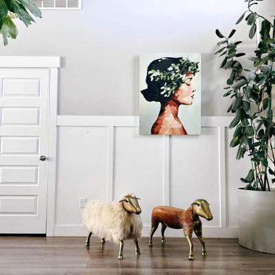 Vintage Mid Century 1975 Wool Wrapped Sheep Stools Sculpture w/Wood Form & Brass Appendages • After François-Xavier Lalanne