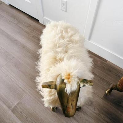Vintage Mid Century 1975 Wool Wrapped Sheep Stools Sculpture w/Wood Form & Brass Appendages • After François-Xavier Lalanne