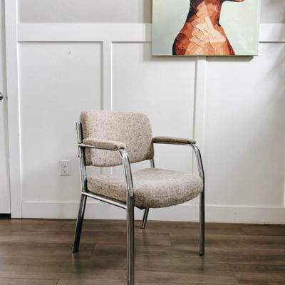 Vintage Mid Century 1970’s Natural Flecked Tweed Upholstered Armchair w/Chrome Frame