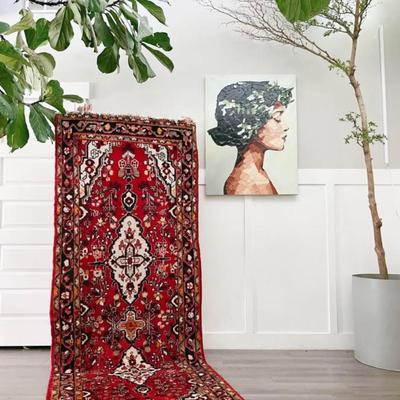 Vintage 1980’s Lilian Floral Hamadan Persian Oriental Red Runner Rug in 100% Wool
