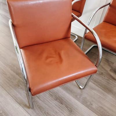Set of 4 Vintage Mid Century Chestnut Brown Vinyl Mies Van Der Rohe Style Tubular Stainless Steel Brno Chairs