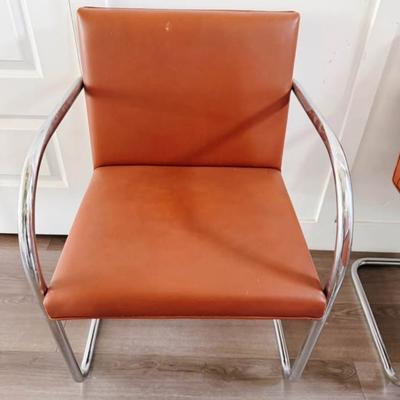 Set of 4 Vintage Mid Century Chestnut Brown Vinyl Mies Van Der Rohe Style Tubular Stainless Steel Brno Chairs