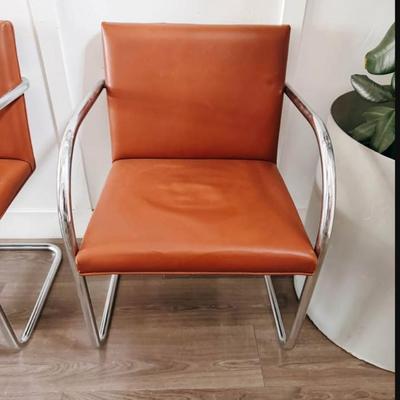 Set of 4 Vintage Mid Century Chestnut Brown Vinyl Mies Van Der Rohe Style Tubular Stainless Steel Brno Chairs