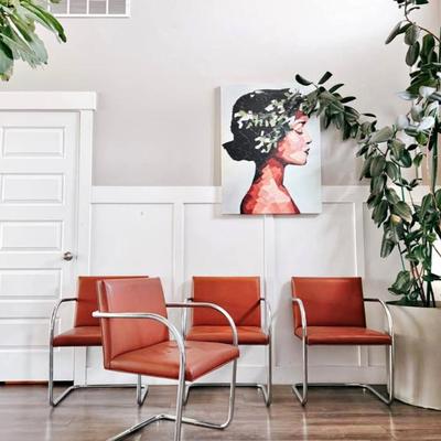 Set of 4 Vintage Mid Century Chestnut Brown Vinyl Mies Van Der Rohe Style Tubular Stainless Steel Brno Chairs