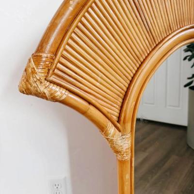 Vintage 1970’s La Barge Bamboo Rattan Wooden Faux Bamboo Fan Wall Mirror