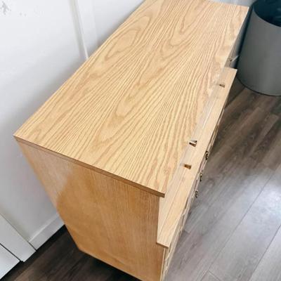 Vintage Mid Century 6-Drawer Highboy Dresser w/Square Puffed Facade, Original Hardware & Tapered Legs by LA Period Furniture